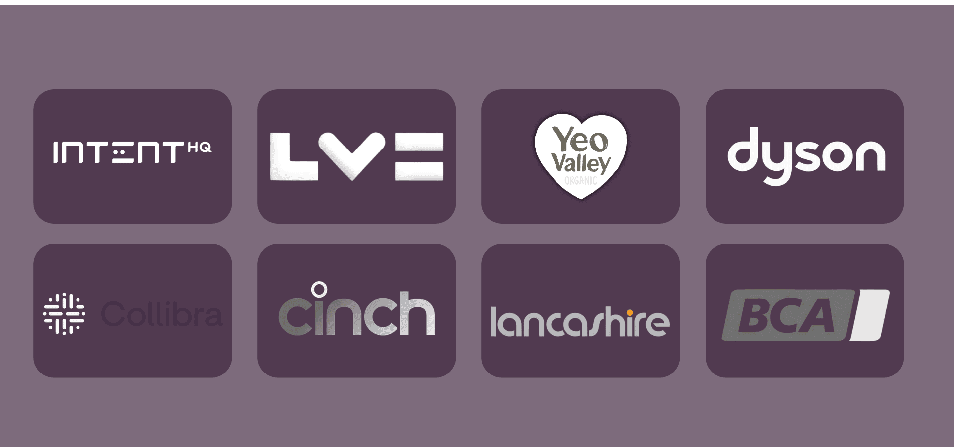 Eight sponsor logos in white on purple and dark background tiles, including Intent, LV=, You, Dyson, and BCA.