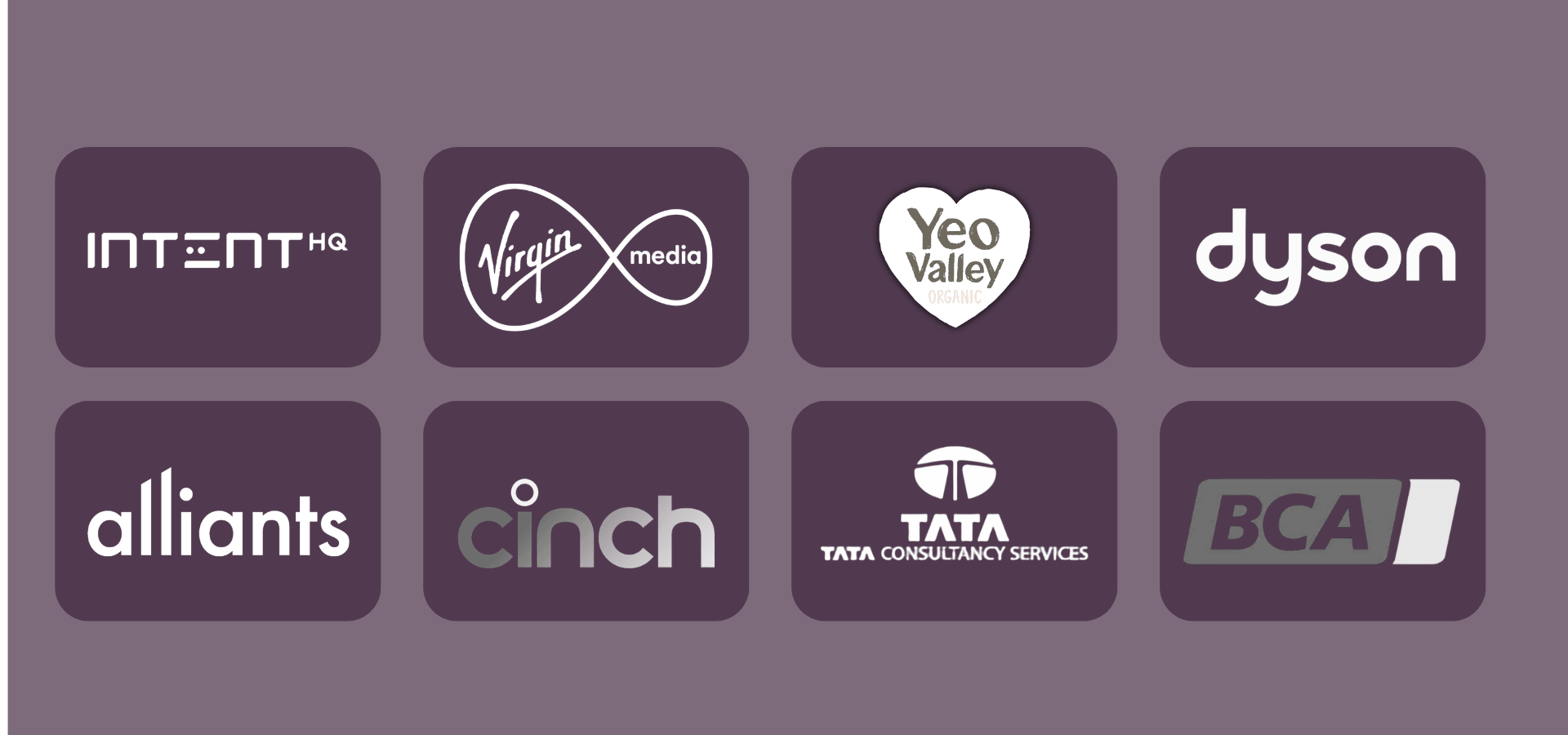 Grid of seven white brand logos on purple rounded rectangles, including Virgin, Dyson, Allia