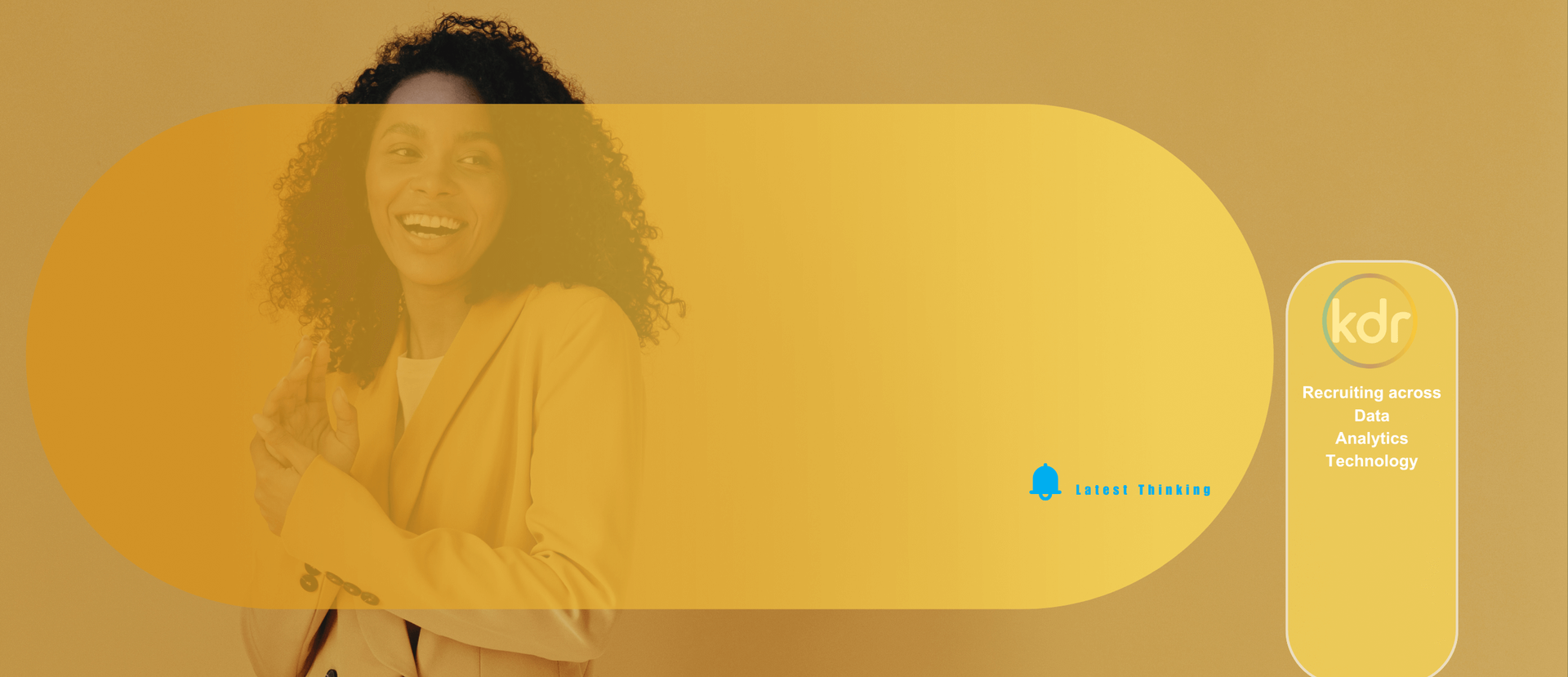 Smiling woman in yellow with an overlay of an oval and a small rectangle with text.