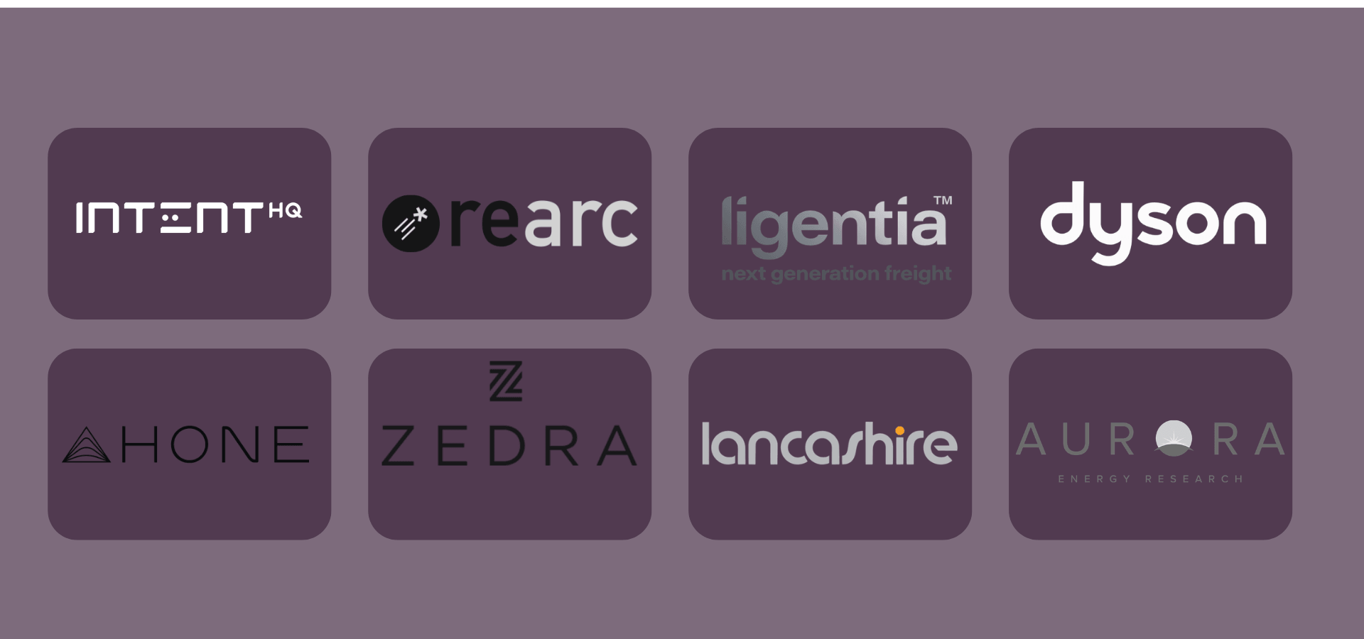 Eight sponsor logos in white on purple and dark background tiles, including Intent, LV=, You, Dyson, and BCA.