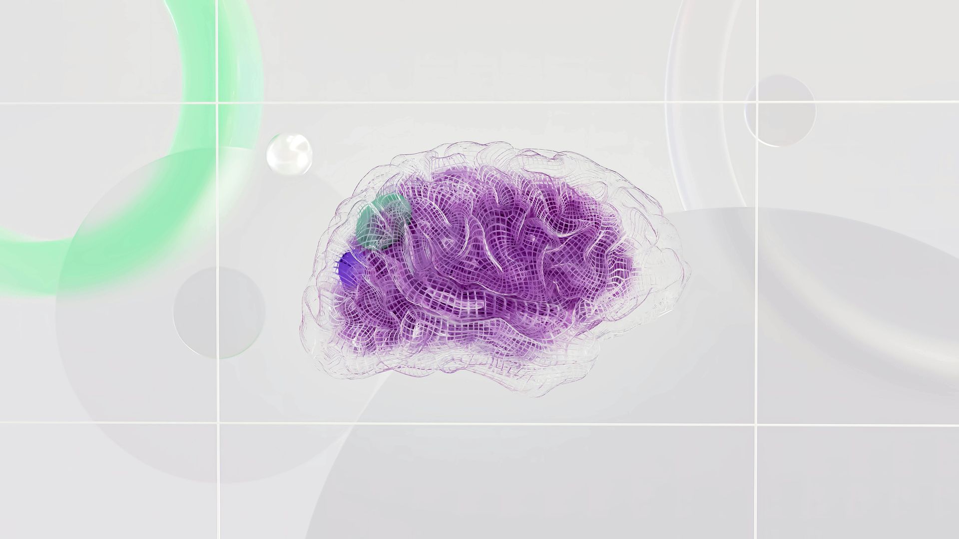 Purple brain illustration with green accent against a white background with translucent shapes.