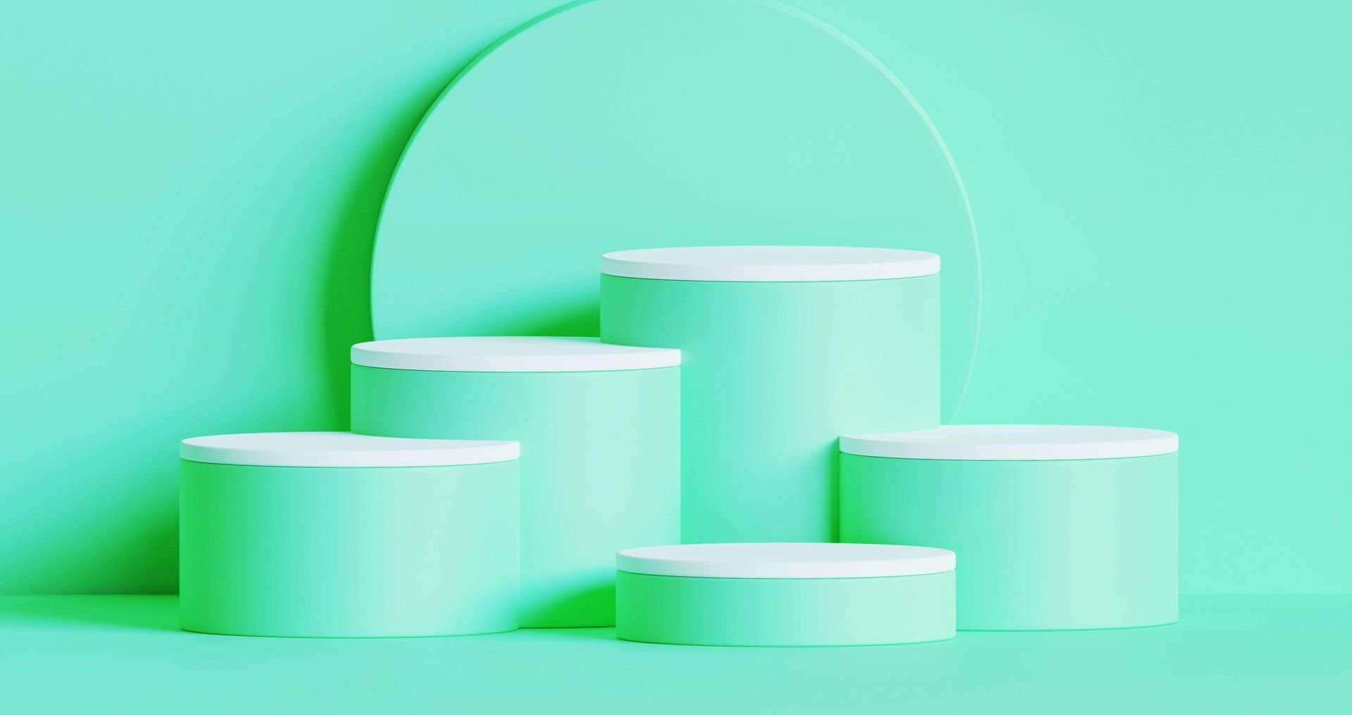 Five mint-green cylindrical product display platforms. Abstract for a blog on AI startups and Solutions Engineers