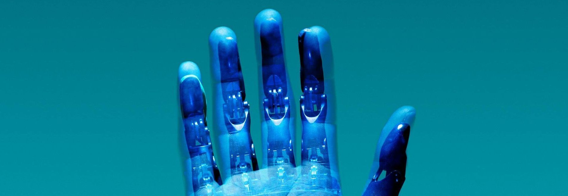 Blue translucent hand against a turquoise background, indicating AI for a blog on AI Leaders 
