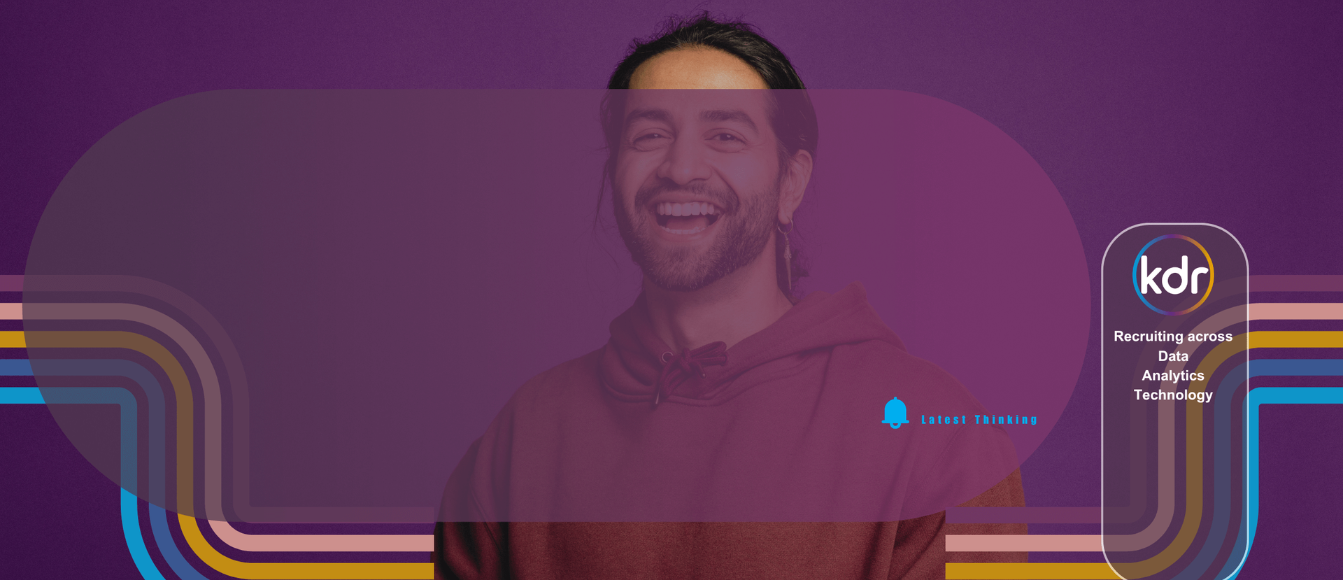 Man smiling behind a purple translucent overlay with colorful rounded lines and a small logo on the right