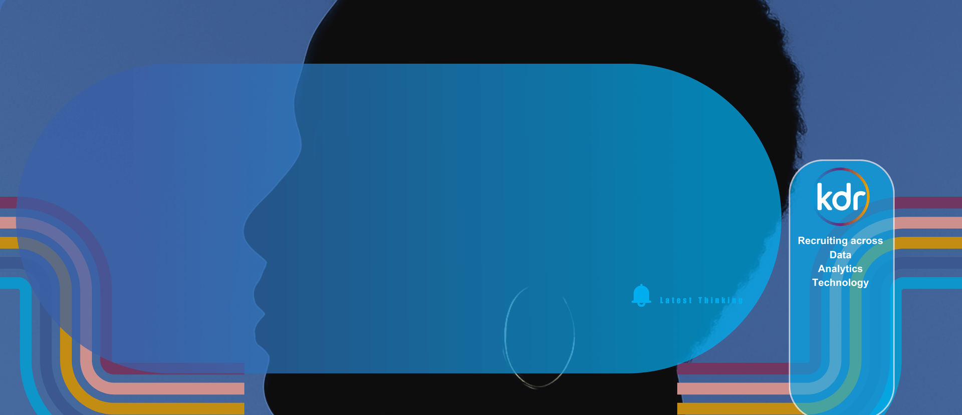 Blue abstract banner with a silhouetted head profile, colorful corner lines, and a small “kdr” logo on the right