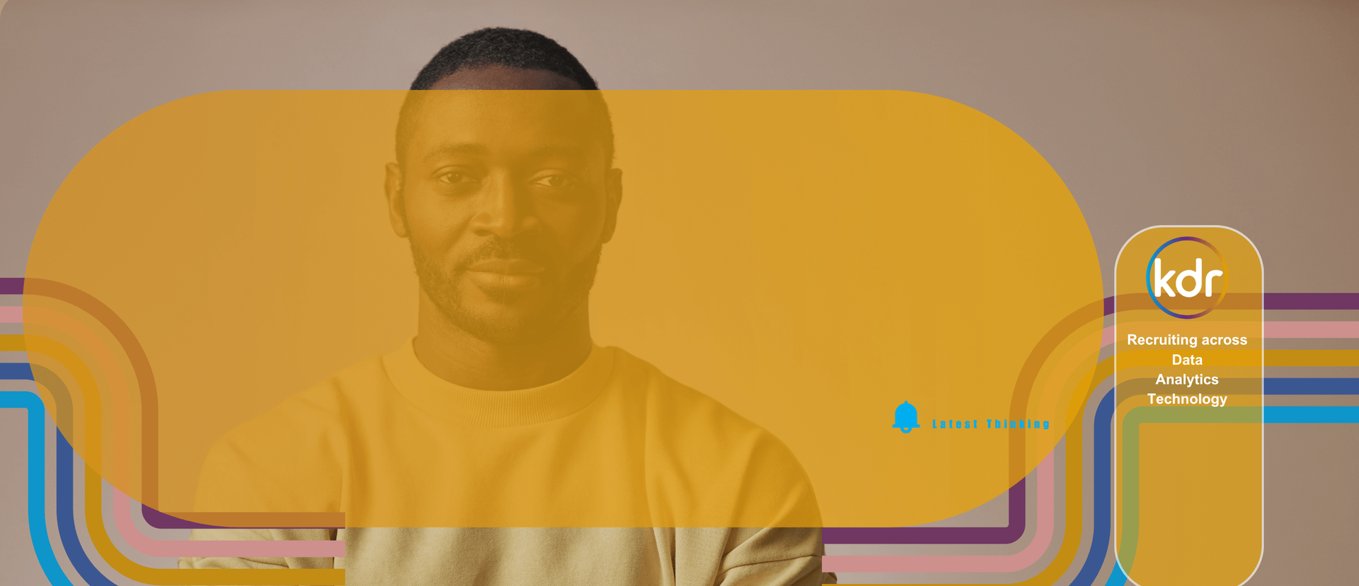 Man in yellow shirt overlaid by translucent orange graphic with colorful rounded lines and a small “kdr” badge