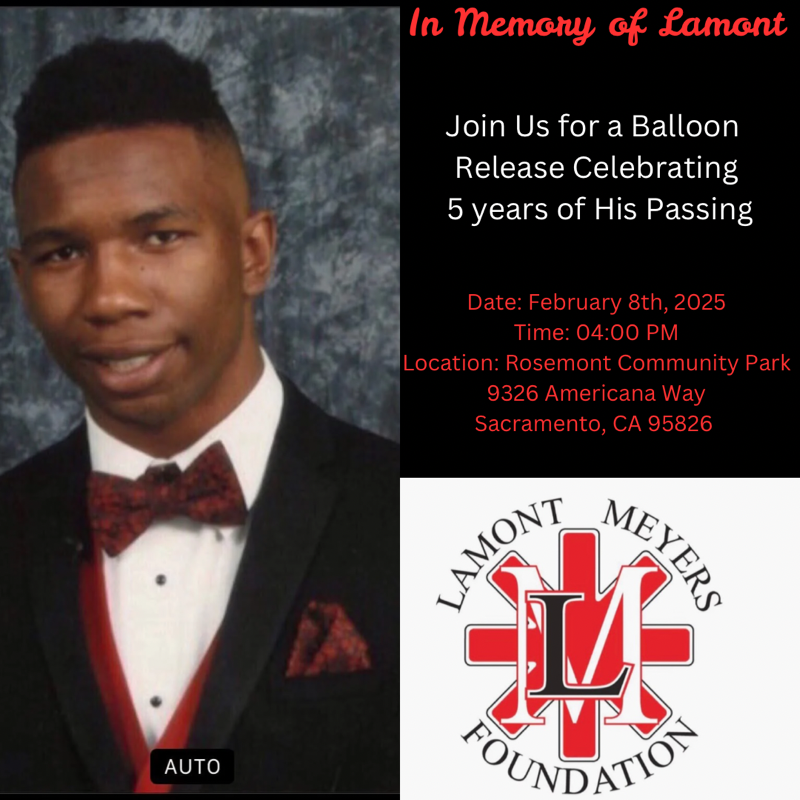 Memorial event flyer: A young man's photo, balloon release to celebrate 5 years since Lamont's passing, February 8, 2025,