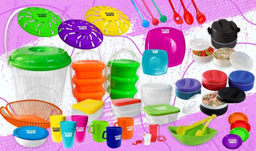 Colorful plastic kitchenware set with bowls, cups, plates, spoons, and containers on a white background