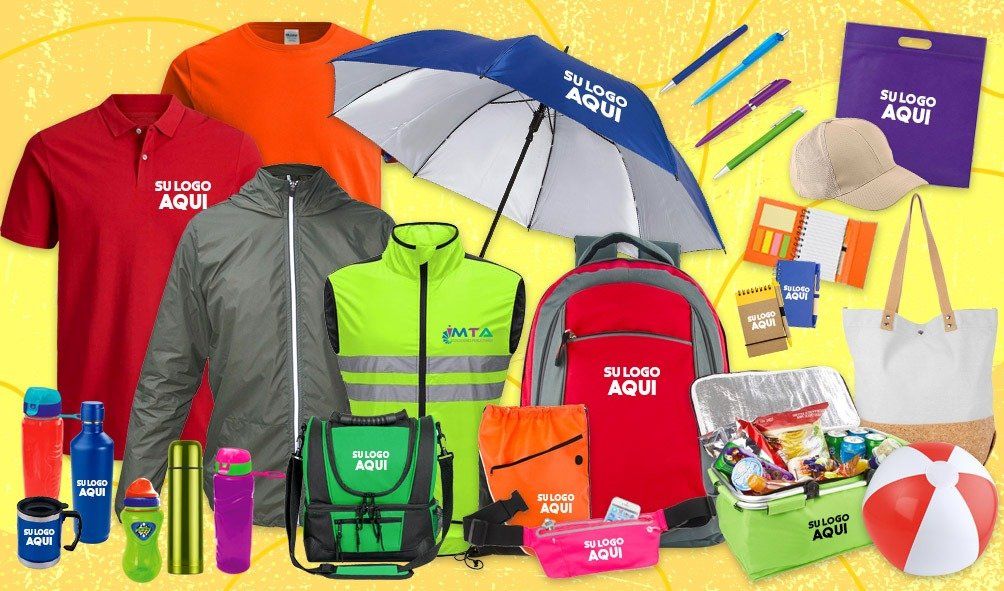 Assorted branded school and beach giveaway items on a yellow background, including shirts, bags, umbrella, and water bottle