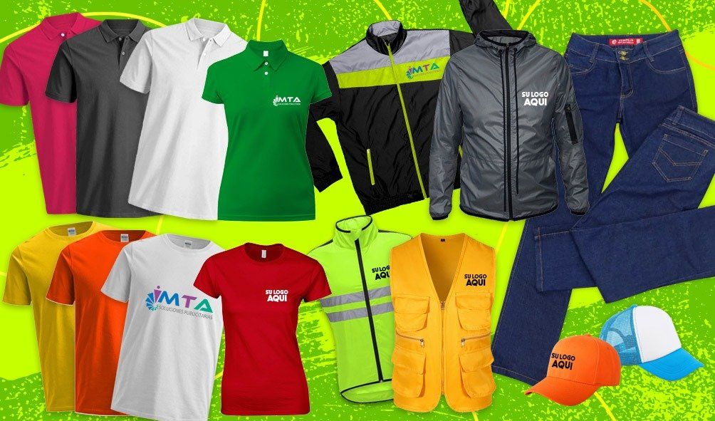 Assorted sports apparel and gear on a green background: shirts, jackets, pants, boots, and caps.