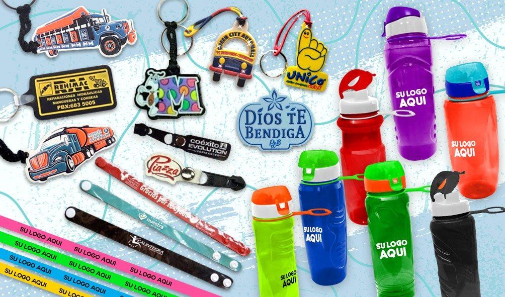 Colorful personalized school supplies and keychains laid out on a white background