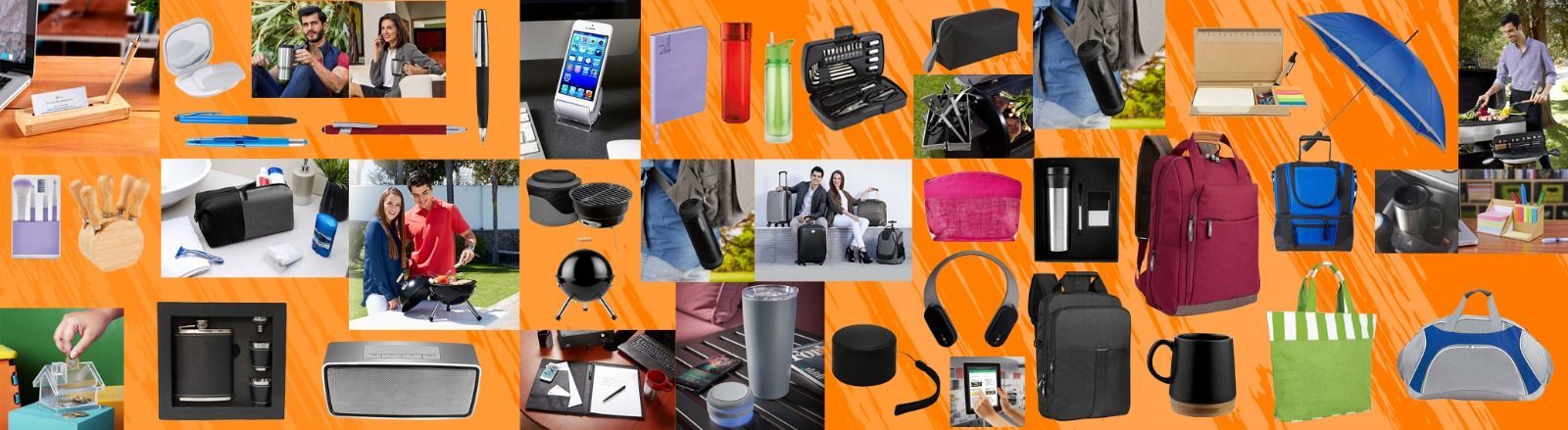 Orange collage of assorted gadgets, bags, and clothing items arranged in a grid.