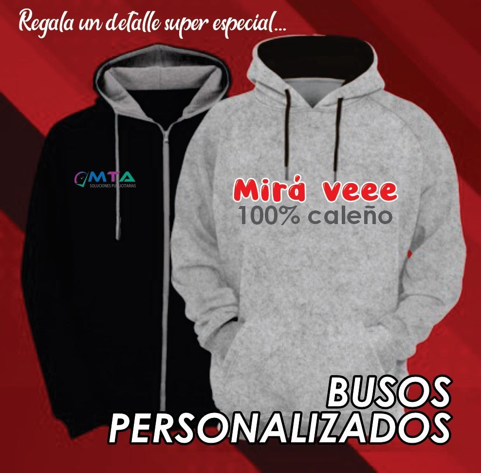 Dos buzos personalizados: uno negro con cierre y otro gris con capucha, sobre fondo rojo.