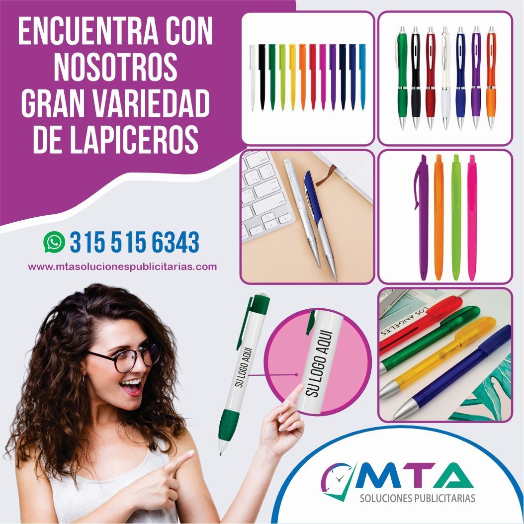 Publicidad de lapiceros variados con mujer sosteniendo un bolígrafo y datos de contacto sobre fondo morado.