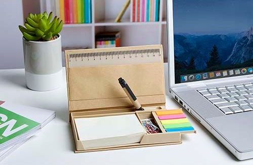 Desk with laptop, succulent, notepad, pen, and colorful sticky notes in a tidy workspace