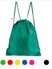 Green drawstring backpack with multicolored color options below.