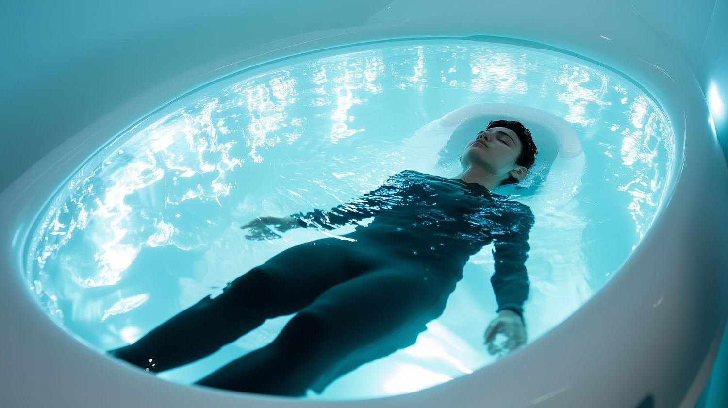 Person floating in a glowing blue futuristic tub of water