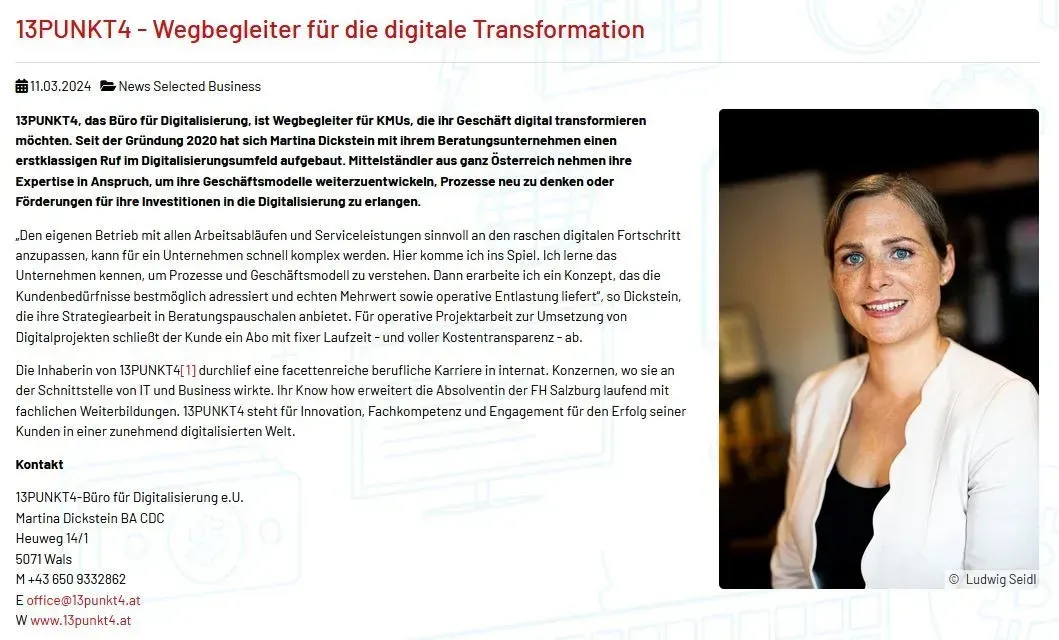 Lächelnde Frau in einem Geschäftsumfeld; Text auf der linken Seite ist ein Artikel, der das Unternehmen 13PUNKT4-Büro für Digitalisierung e.U. vorstellt.