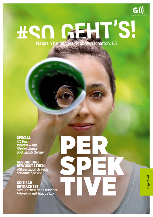 Frau schaut durch ein grün umrandetes Teleskop auf einem leuchtend grünen Magazincover mit dem fettgedruckten Schriftzug „PERSPEKTIVE“.