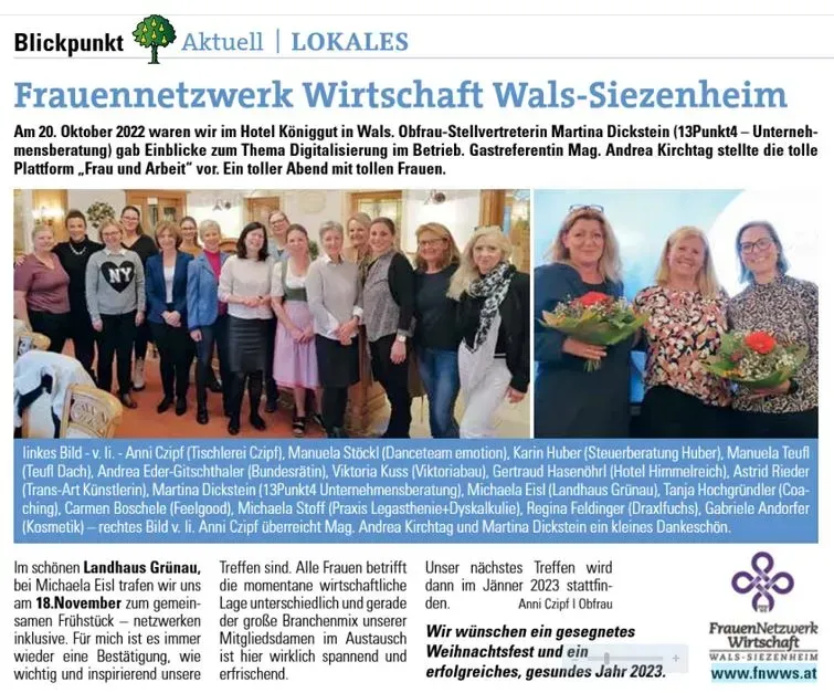 Frauengruppe bei einer Veranstaltung des Frauennetzwerks Wals-Siezenheim, mit Texteinblendung.