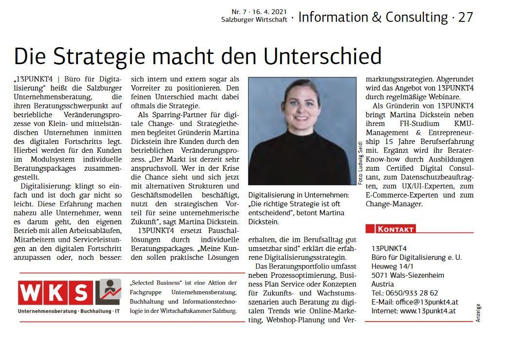 Artikel mit Frauenportrait; Überschrift „Die Strategie macht den Unterschied“; WKS-Logo.