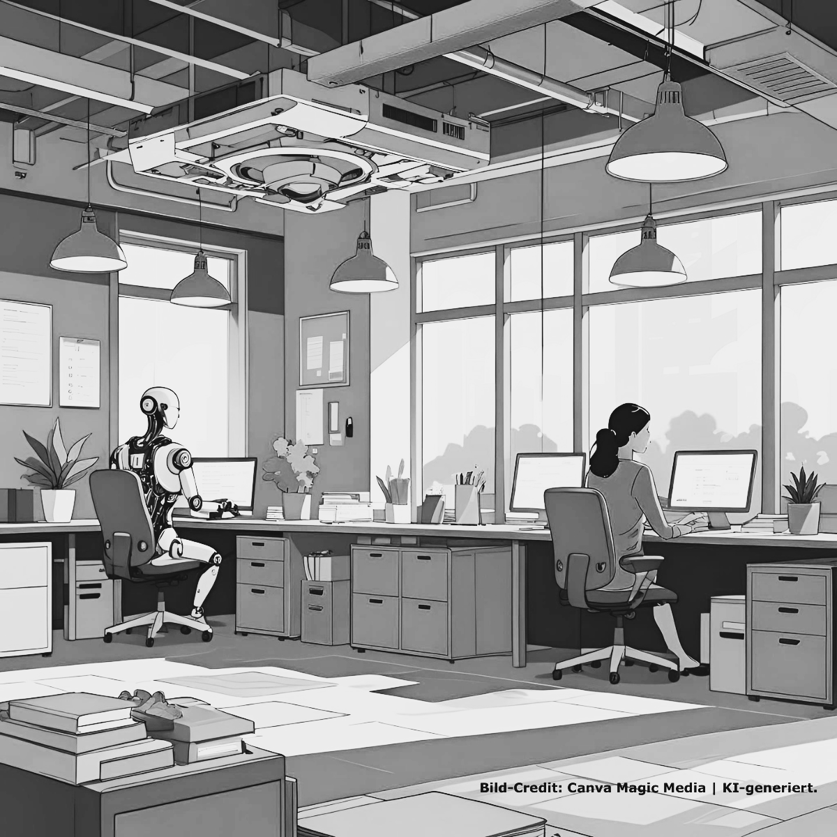 Ein Büro mit einem Roboter und einer Person, die am Computer arbeitet, natürliches Licht, kühle Blau- und Orangetöne.