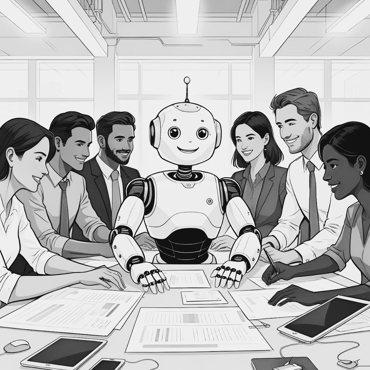 Ein Roboter leitet eine Besprechung eines diversen Teams in einem modernen Büro und überprüft an einem Tisch Dokumente.