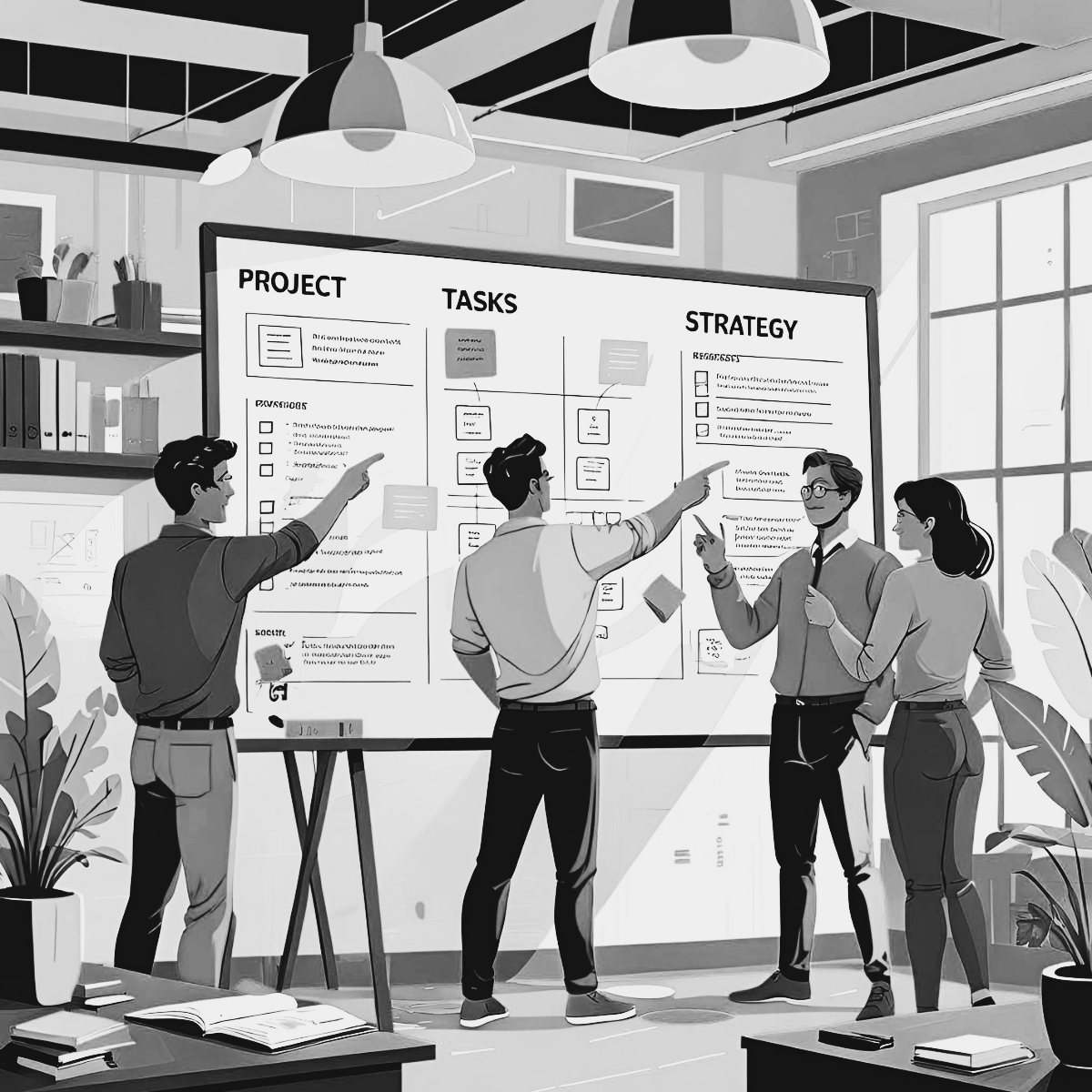 Ein Team arbeitet in einem hell erleuchteten Büro zusammen und zeigt auf eine Projekttafel.