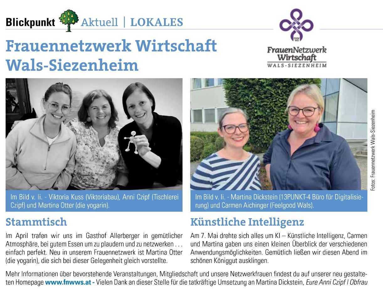 Frauen-Business-Netzwerk Wals-Siezenheim: Gruppenfotos und Veranstaltungsdetails, unter anderem Stammtisch und AI.