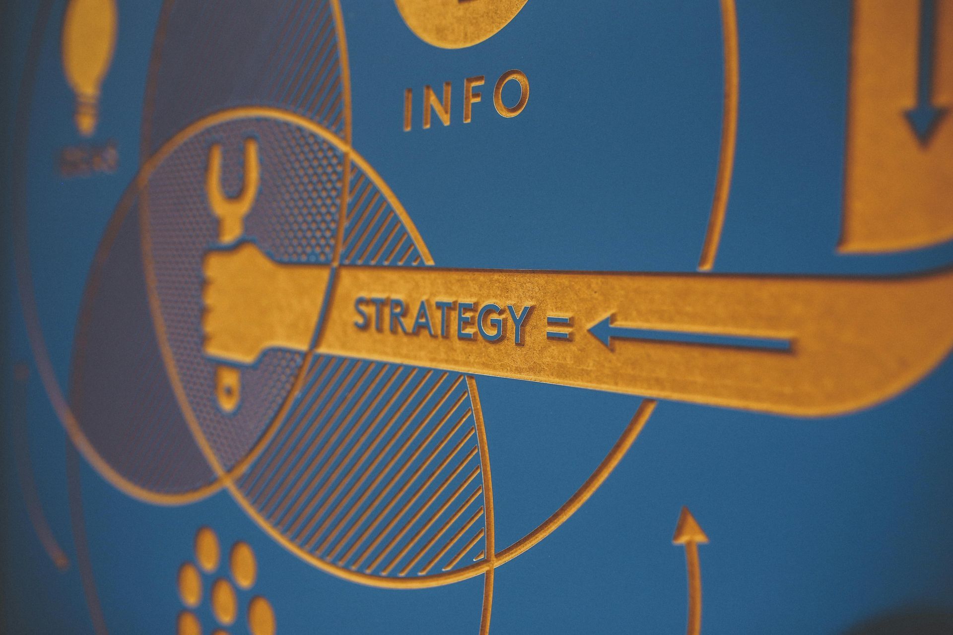 Blaues Wandbild mit Gold: Hand hält Schraubenschlüssel und zeigt auf den Text „STRATEGY“.