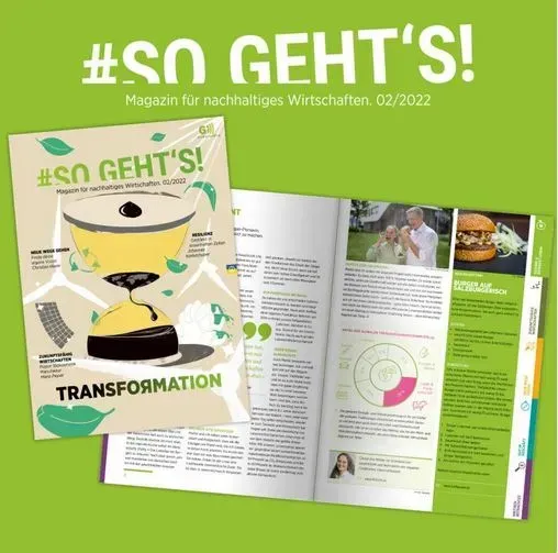 Magazincover „#SO GEHT’S!“ zum Thema nachhaltiges Wirtschaften, grüner Hintergrund, mit aufgeschlagenen Seiten mit Artikeln, Fotos und Grafiken.