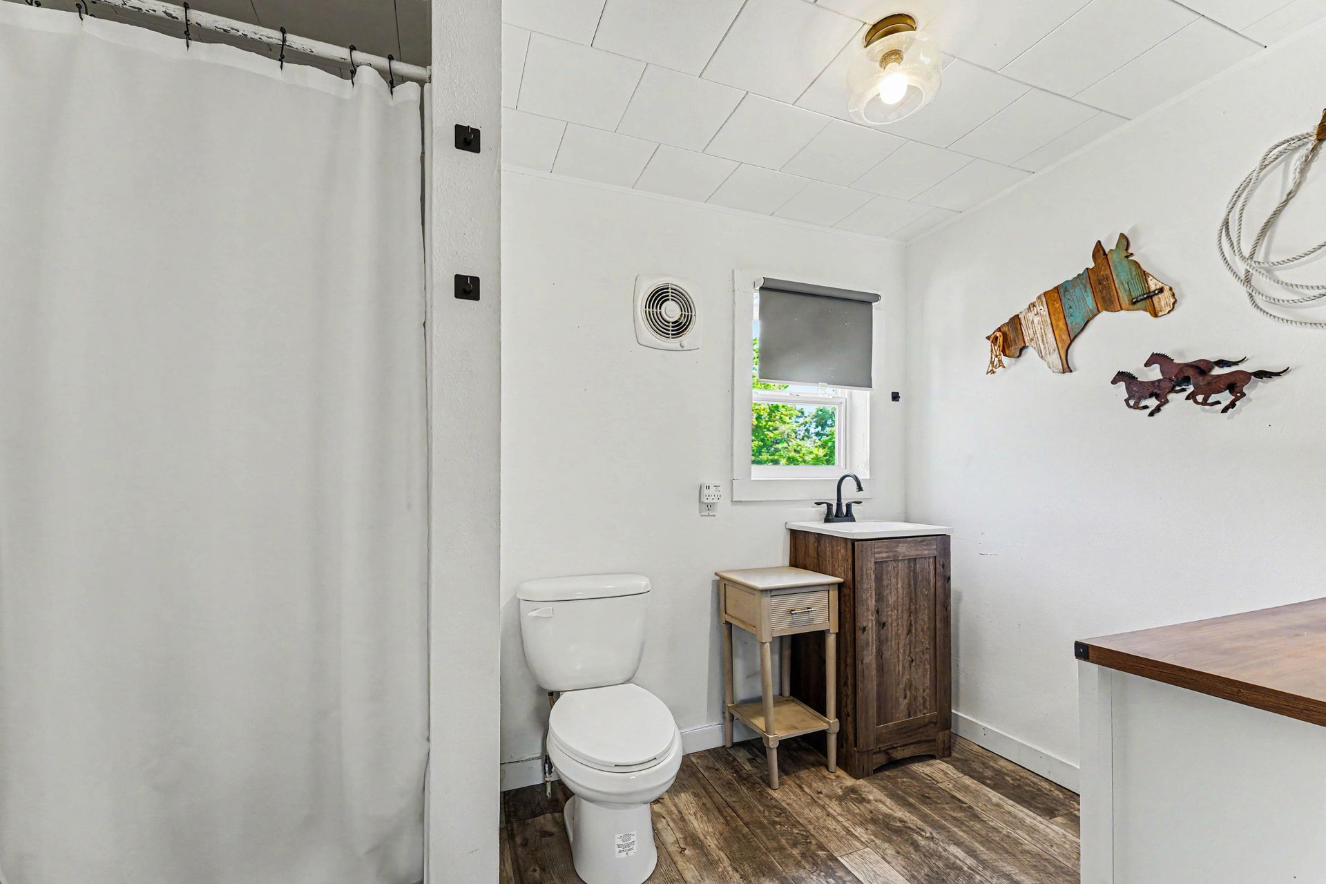 Small white bathroom with toilet, curtain shower, wood vanity, and wall decor.