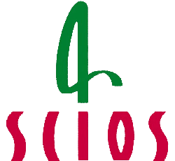Een groen en rood logo voor een bedrijf genaamd scios