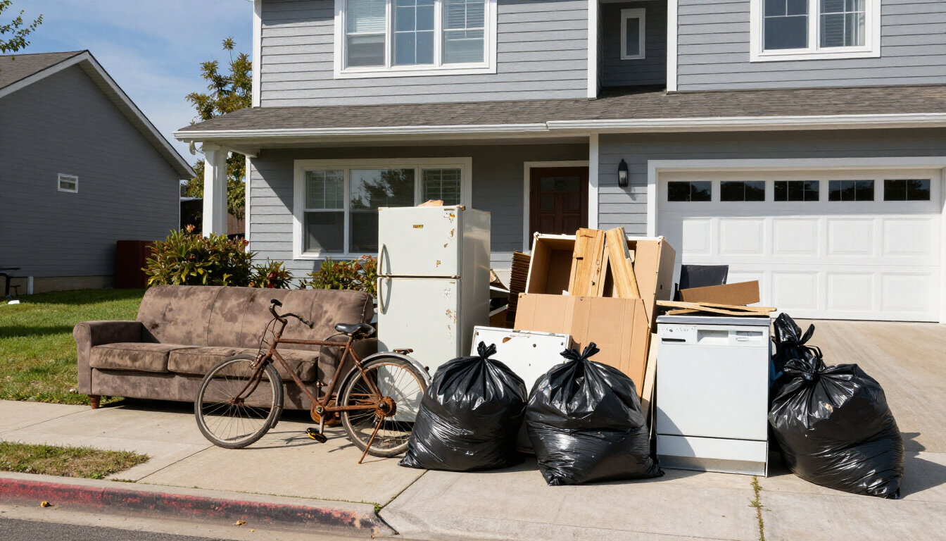 Garbage and old furniture piled on a suburban driveway and curb outside a house