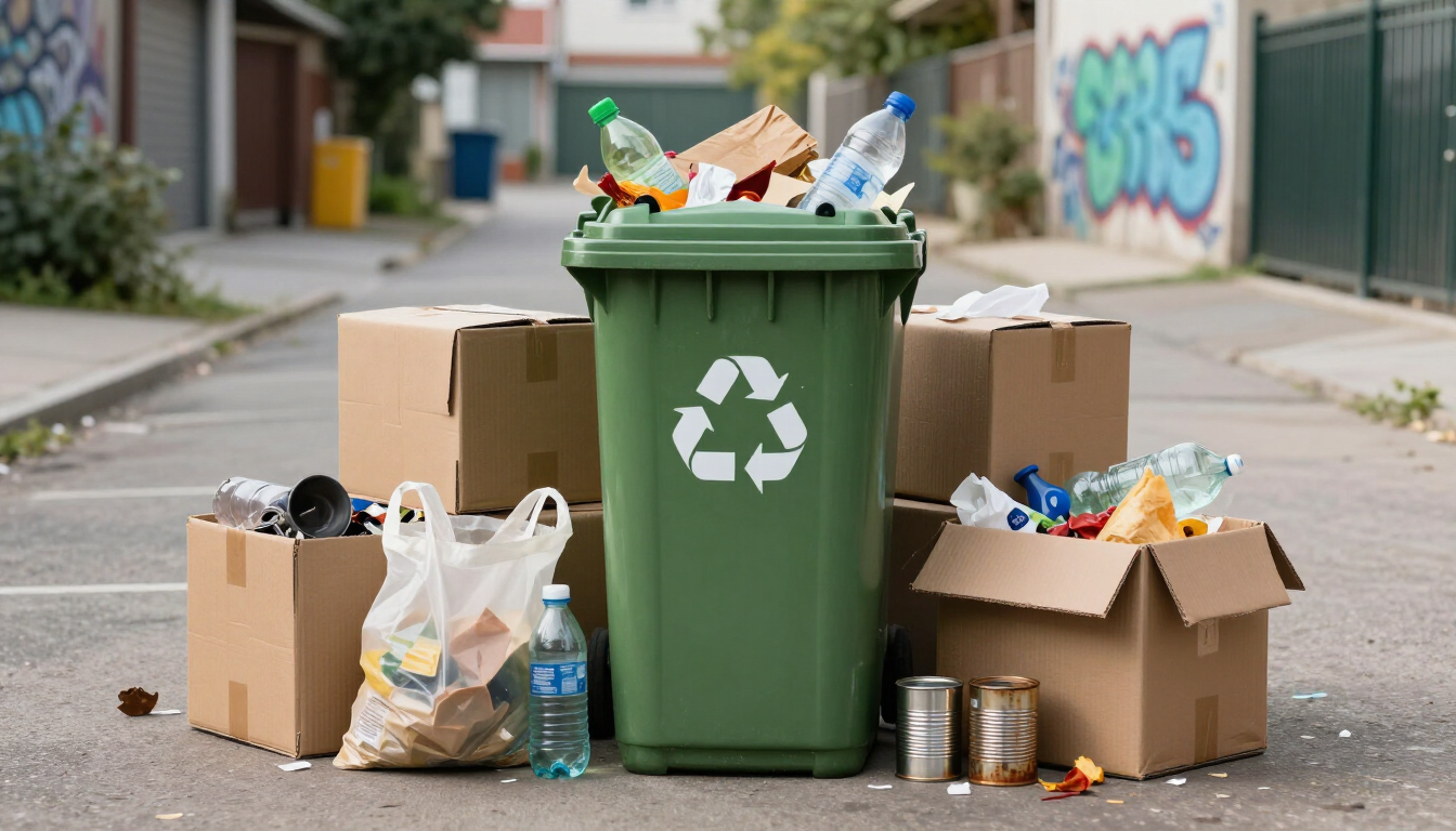 Green recycling bin surrounded by overflowing cardboard boxes and trash bags in an alley