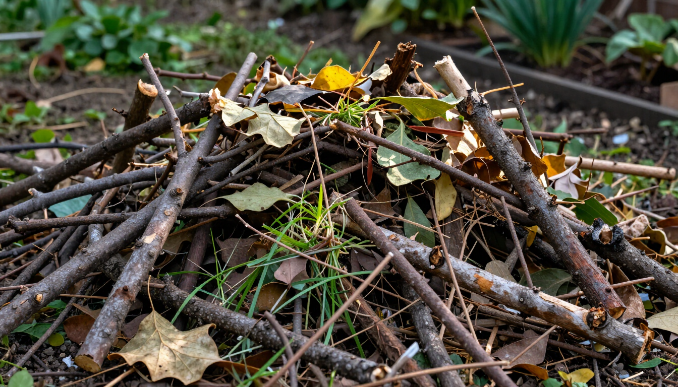 Pile of twigs and dry leaves on garden soil, with green plants in the background