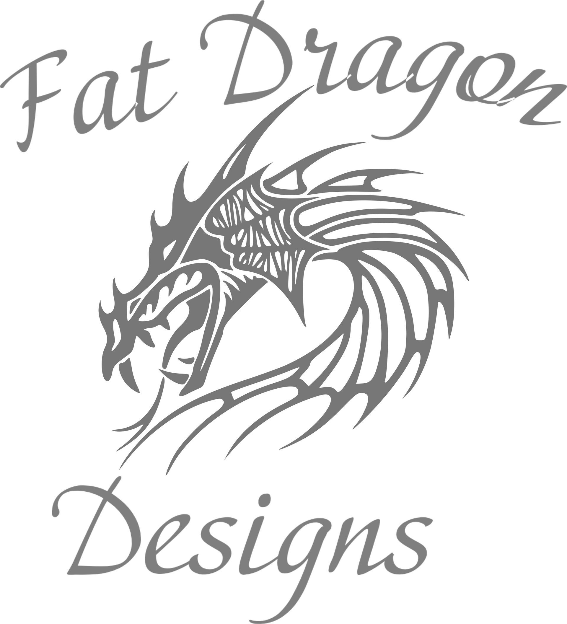 Gray logo reading “Fat Dragon Designs” with a stylized dragon head and swirling lines.
