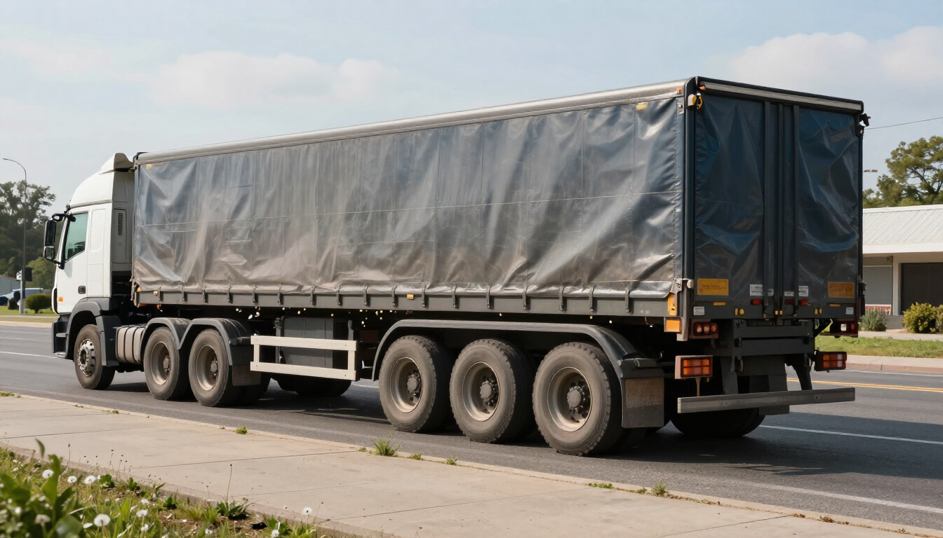Long gray tarped semi-truck driving on a road, viewed from the side