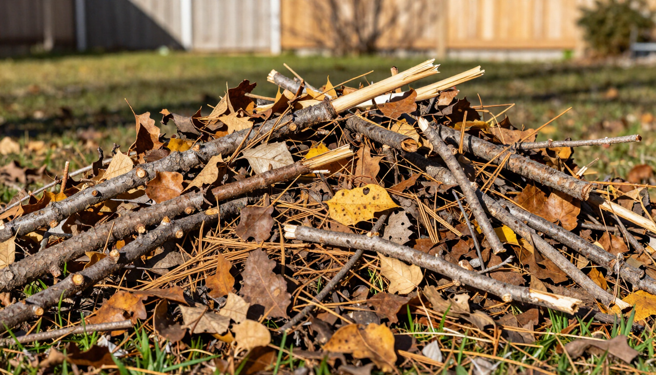 Pile of dry branches and leaves on grass in a yard, with a wooden fence in the background