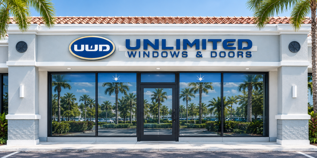 Unlimited Windows & Doors storefront with blue signage and glass entrance under a tiled awning