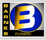Barnes Plumbing logo with a large blue-and-gold B on a black background