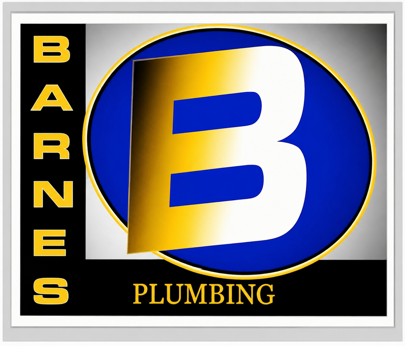 Barnes Plumbing logo with a large blue-and-gold B on a black background