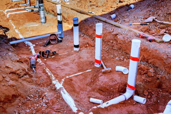 Plumbing pipes and fittings laid in a dug-out construction trench with red soil and white markers