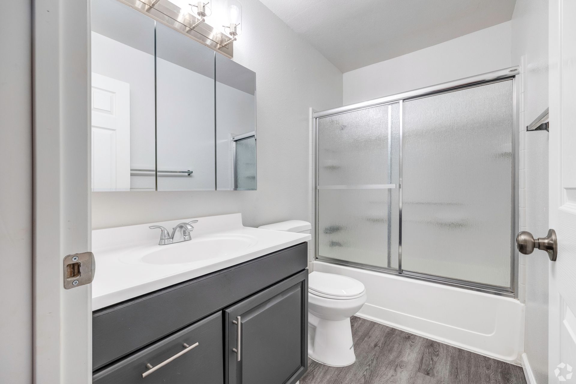 Bathroom with gray vanity, white countertop, shower with frosted glass, and wood-look flooring.
