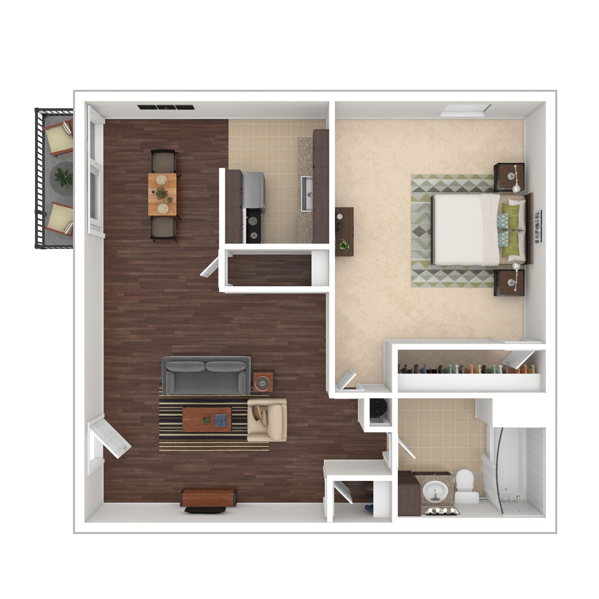 Floor plan of an apartment with a living room, bedroom, kitchen, balcony, and bathroom.