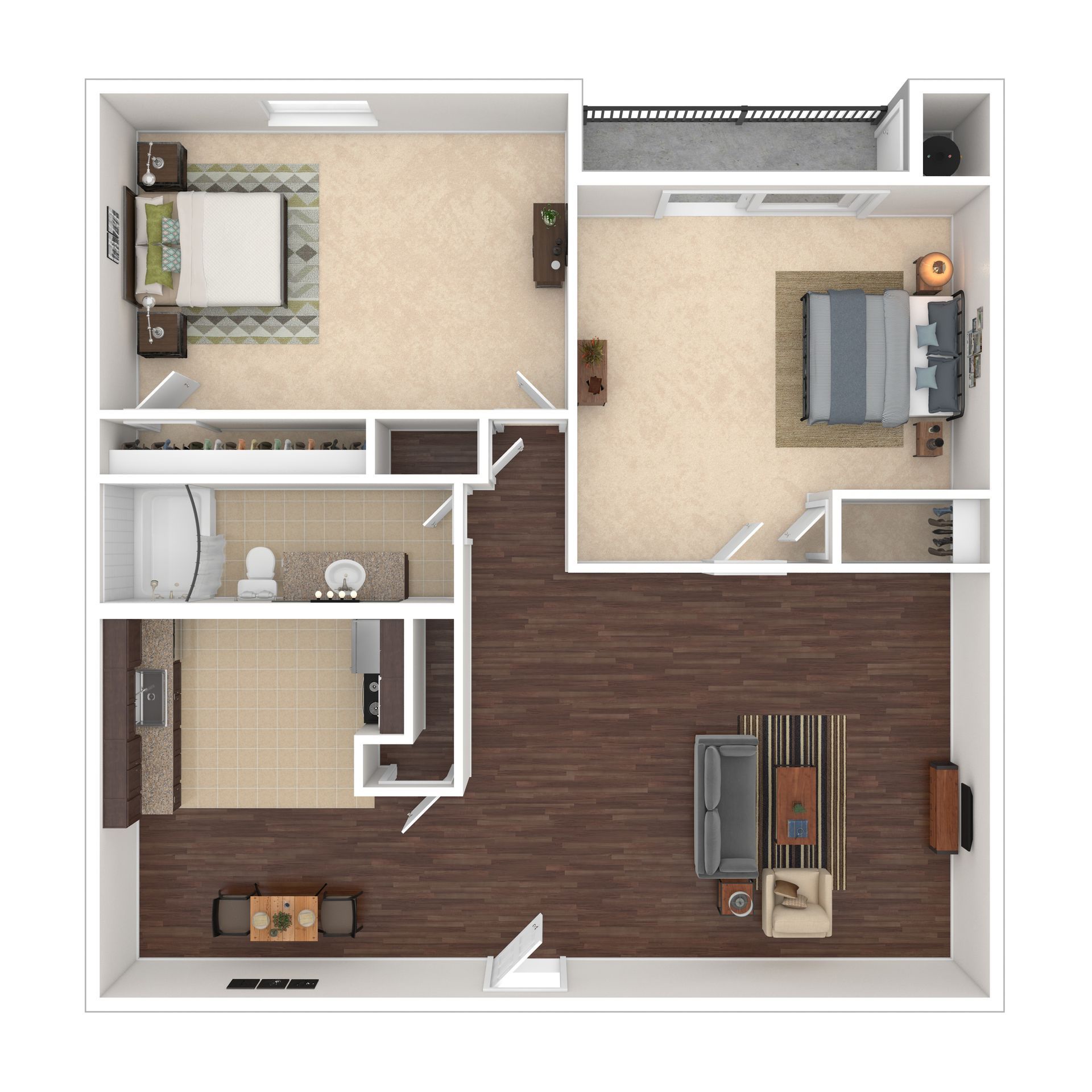 Floor plan of an apartment showing two bedrooms, a kitchen, living room, and a bathroom.