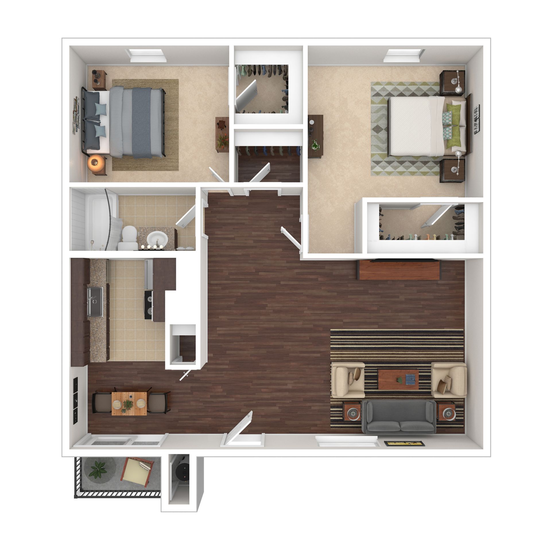 Floor plan of a two-bedroom apartment with a living room, kitchen, and balcony.