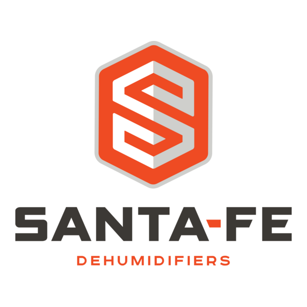 Logo for Santa-Fe Dehumidifiers: Red and orange hexagonal emblem with a stylized 