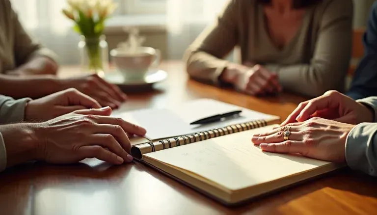 Hands writing in a notebook during a meeting at a wooden table with a laptop and coffee