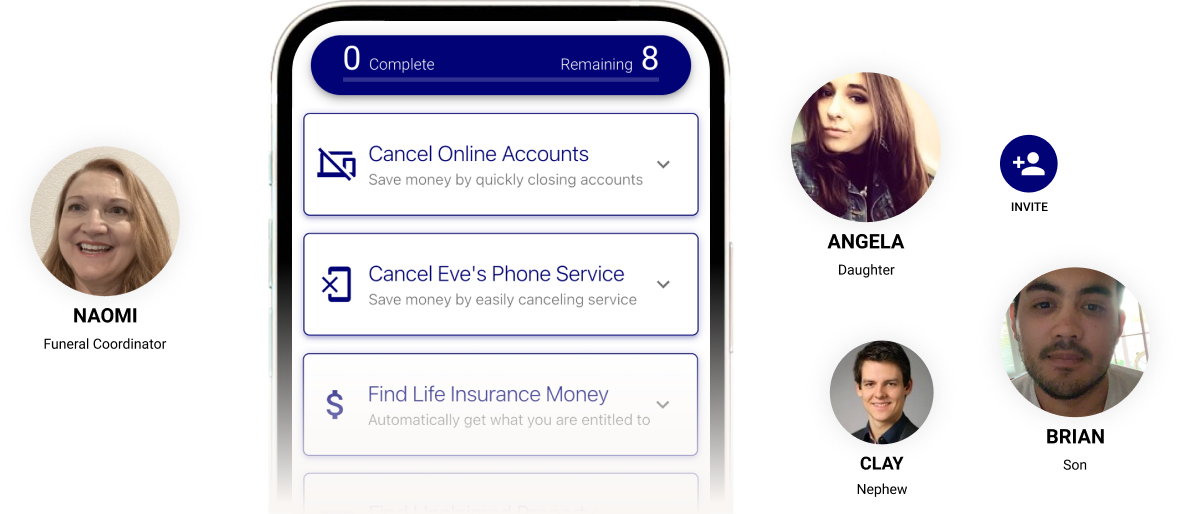 App screenshot of a blue-topped contacts dashboard with profile photos and several contact cards/buttons